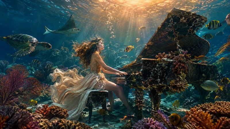 Ethereal woman in a flowing gown plays a coral-covered grand piano on an underwater reef, surroun...