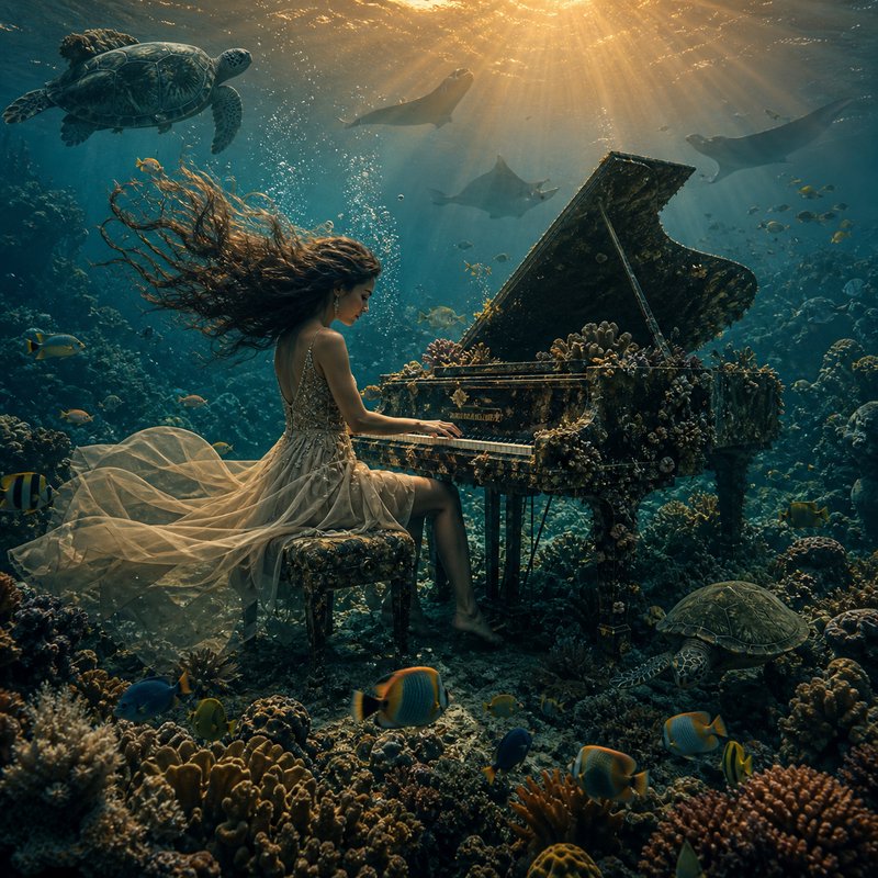Woman in flowing gown plays a coral-encrusted grand piano underwater, surrounded by sea turtles, ...