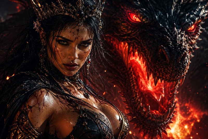 Battle-stained dark fantasy queen with golden crown stands beside roaring fiery black dragon with...