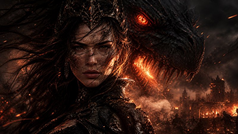 Fierce battle-worn fantasy queen stands beside a glowing fire-eyed dragon above a burning medieva...