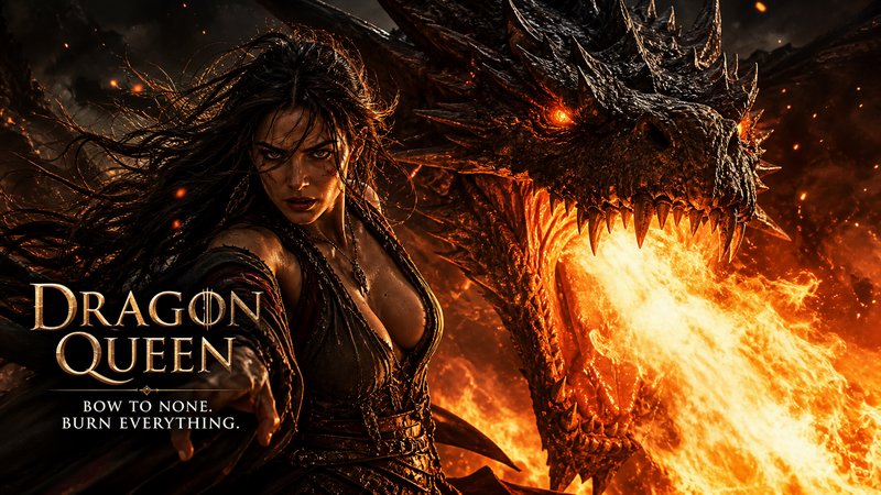 Fierce Dragon Queen fantasy art: powerful warrior woman beside a massive spiked fire-breathing dr...