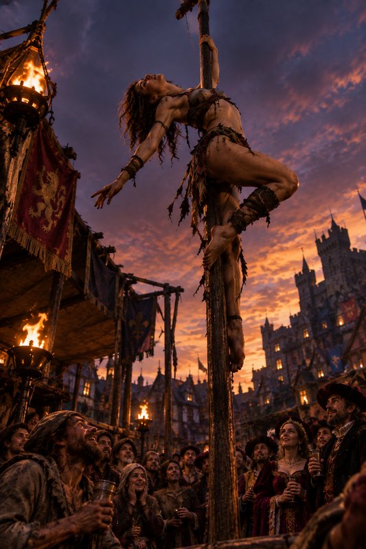 Female acrobat performs on a wooden pole for an awestruck medieval crowd at golden sunset near a ...