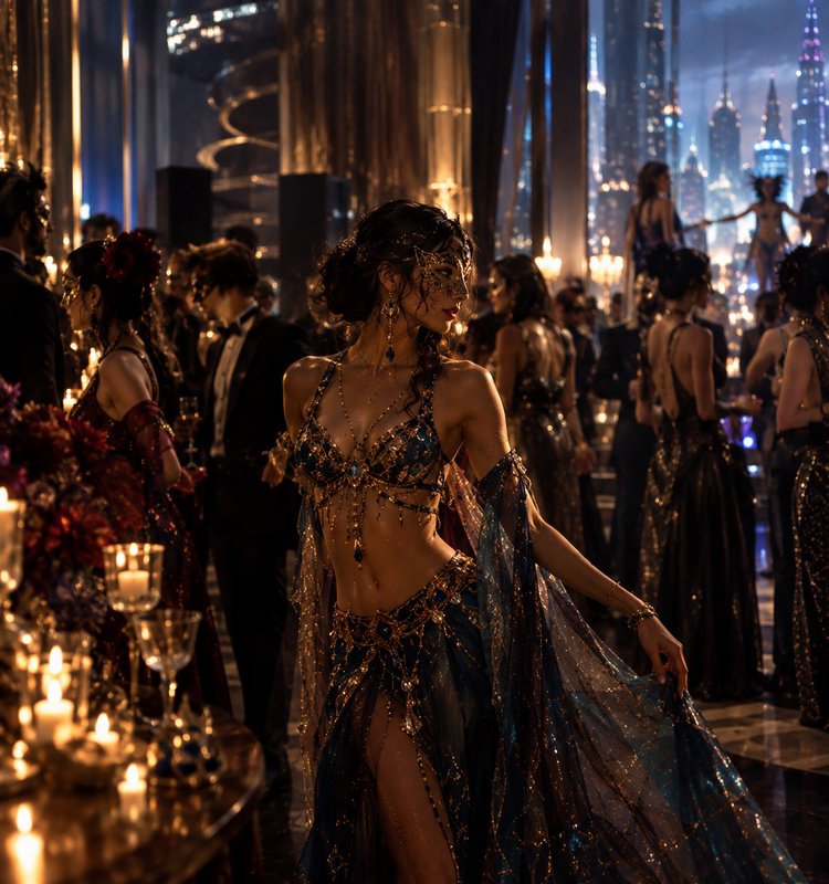Woman in jeweled masquerade gown stands at a lavish candlelit futuristic gala