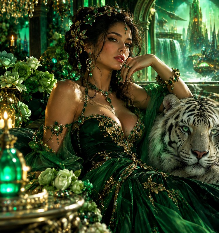 Regal fantasy queen in an emerald gown reclines beside a white tiger in a glowing green palace ch...