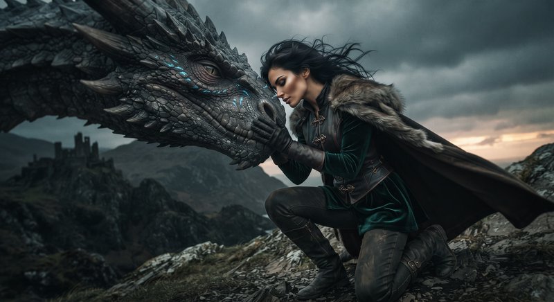 Fantasy female dragon rider kneels to gently touch the snout of a large dark scaled dragon on a r...