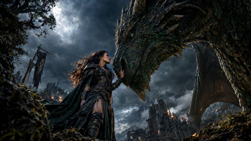 Armored female fantasy warrior touching faces with a giant green dragon above storm-lit burning c...