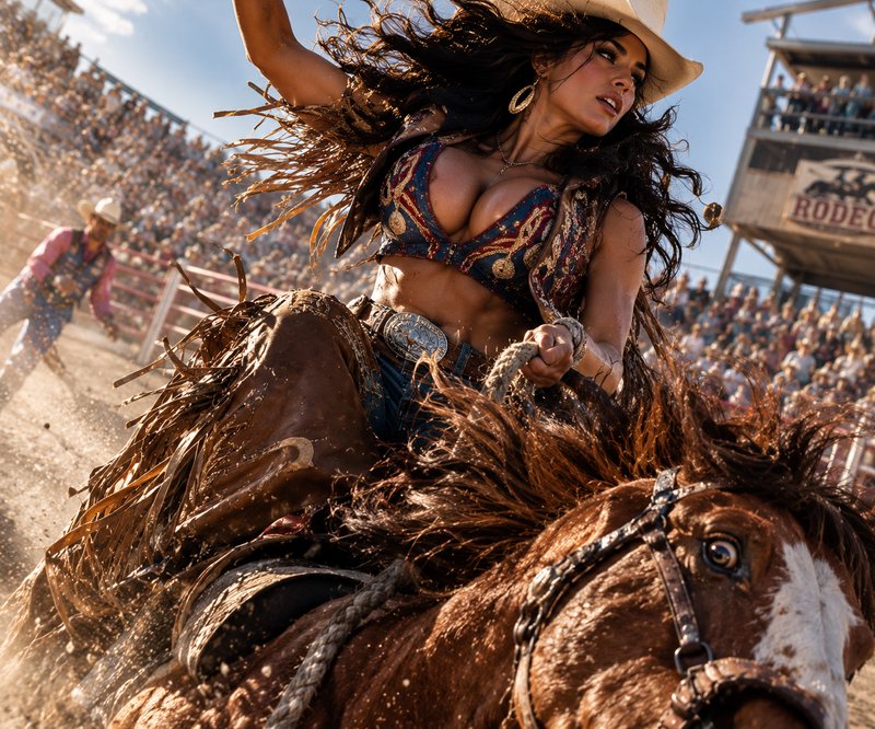 Cowgirl competes on a bucking bronco during a crowded sunny outdoor rodeo event