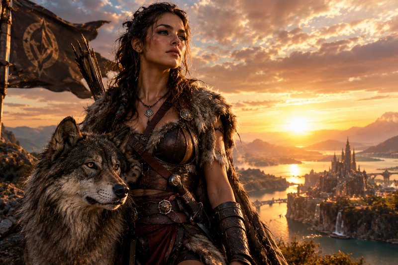 Female fantasy warrior stands with a large gray wolf overlooking a magical kingdom at golden sunset