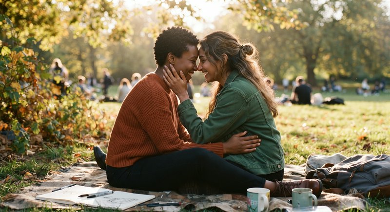 Loving queer couple sharing a tender forehead-touch moment on a sunlit park picnic blanket