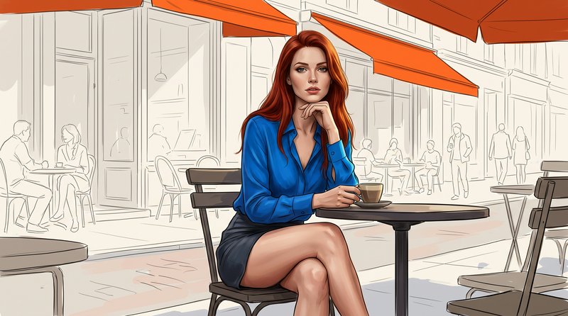 Red-haired woman sits at a sunny sidewalk cafe table holding a coffee cup, with sketched street s...