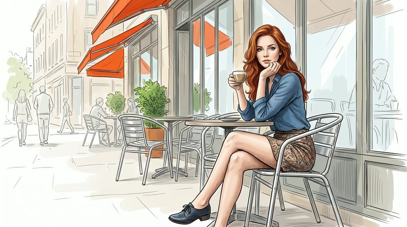 Red haired woman sits at an outdoor city sidewalk cafe holding a small coffee cup