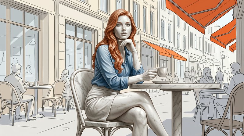 Surreal marble woman with long wavy red hair sits at a European sidewalk cafe holding a coffee cup