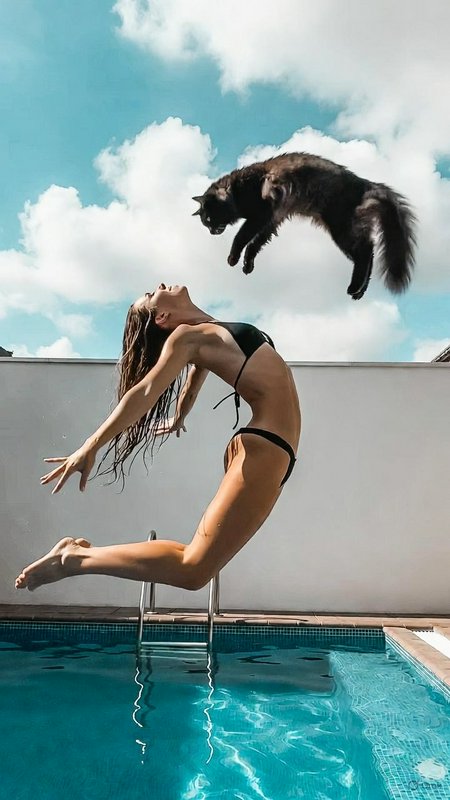 Woman in a black bikini arcs mid-air above a pool as a fluffy black cat leaps above her against a...