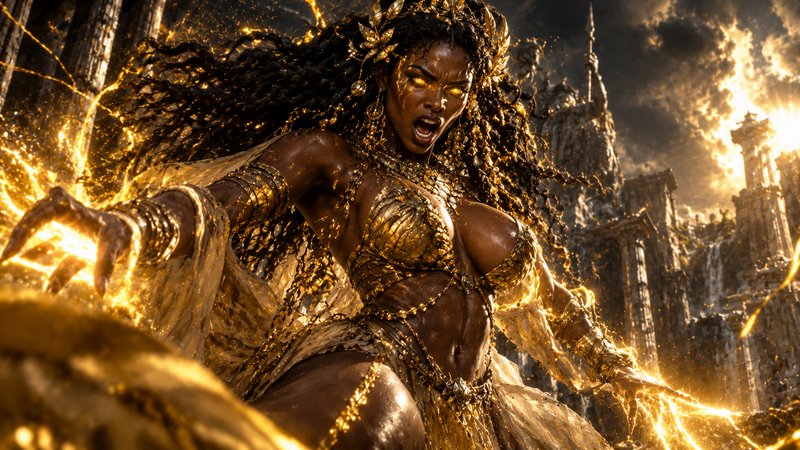 Fierce golden-eyed warrior goddess channels glowing golden lightning amid ancient stone temple ruins