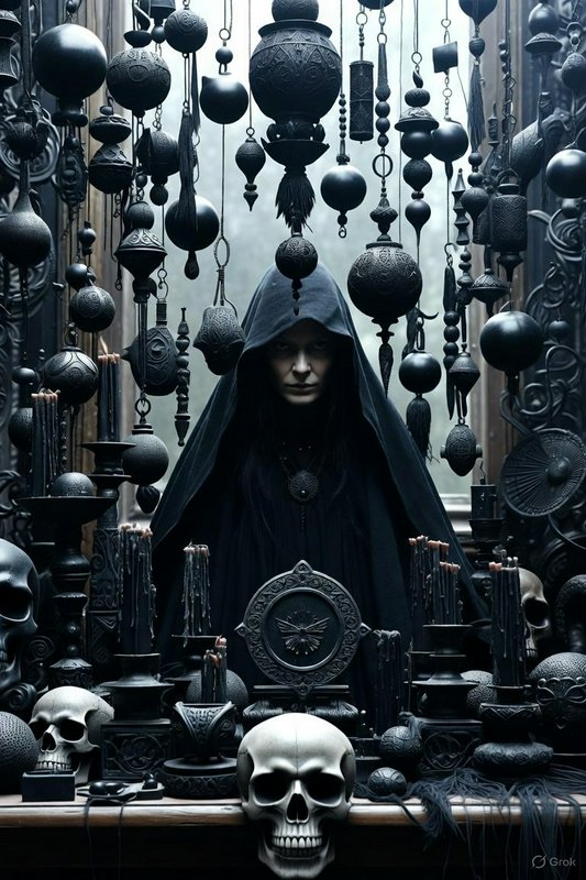 Hooded occult figure stands behind a ritual altar lined with skulls, black candles, and hanging gothic ornaments