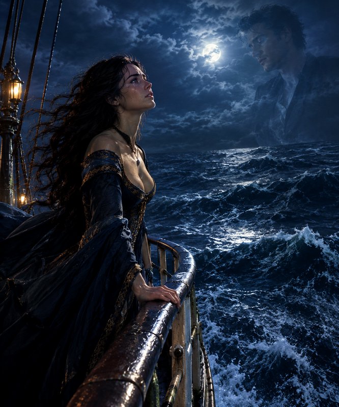 Grieving woman on a storm tossed sailing ship gazes at a ghostly male figure above moonlit ocean waves