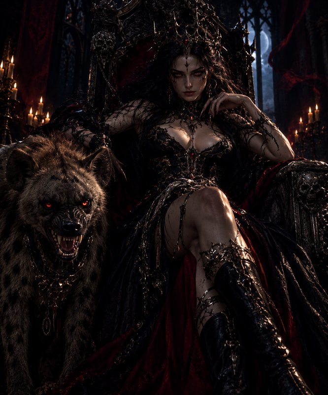 Gothic dark queen sits on an ornate skull throne beside a snarling red-eyed hyena in a candlelit castle hall
