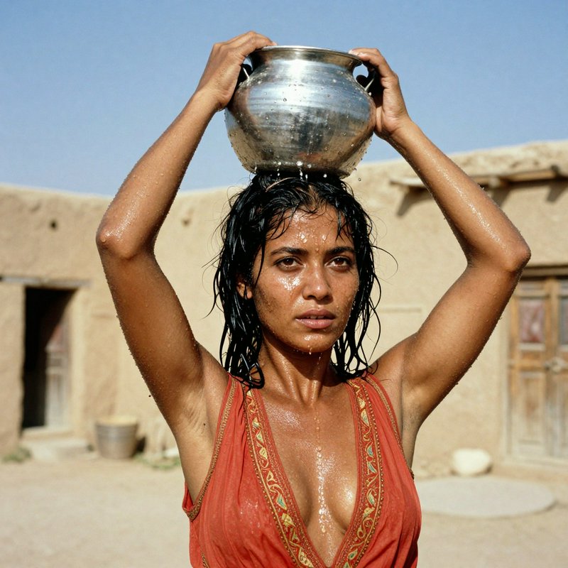 Woman pouring water from a silver jug balanced on her head while standing outside adobe village h...