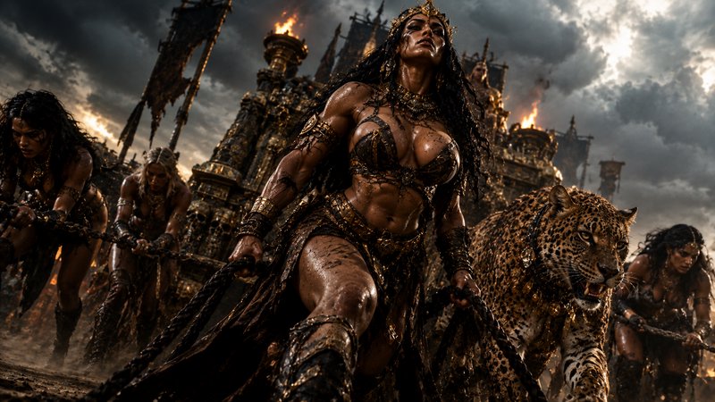 Muscular gilded amazon warrior queen leads a raiding party and battle jaguar pulling a war chario...