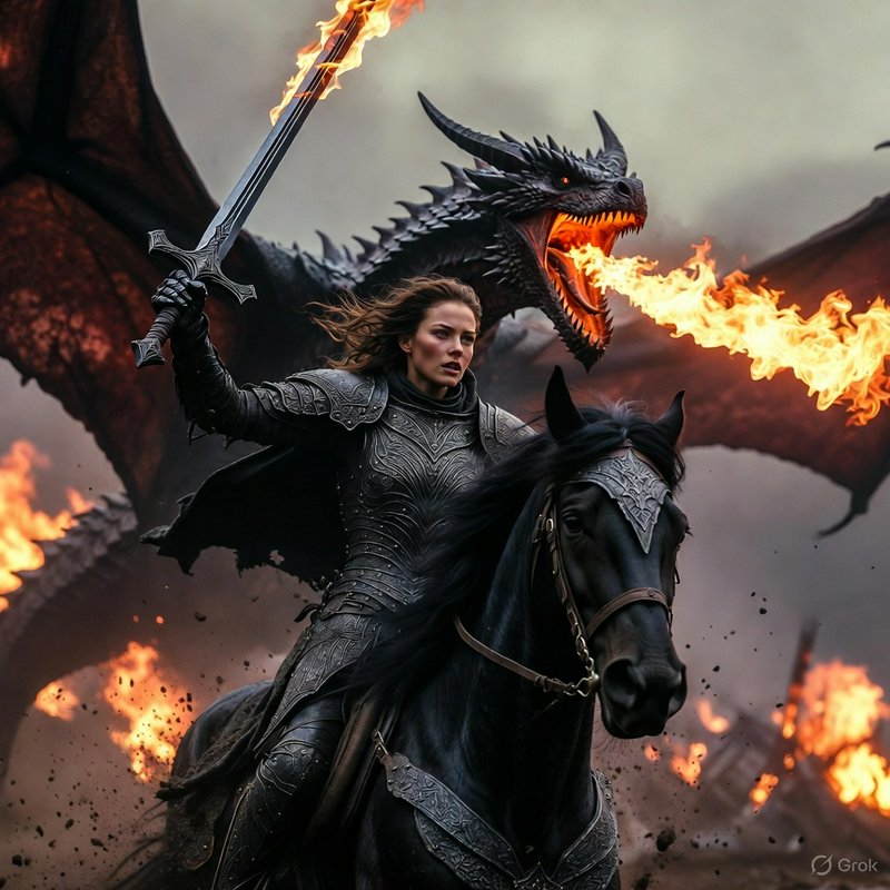 Armored female knight on a black warhorse holds a flaming sword as a dragon breathes fire behind her