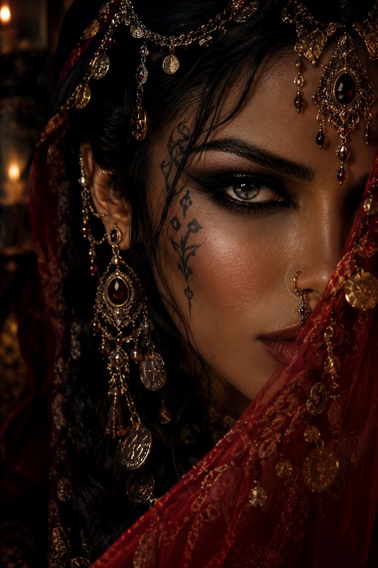 Close-up portrait of a woman in ornate gold jewelry, red veil, and facial markings gazing intense...