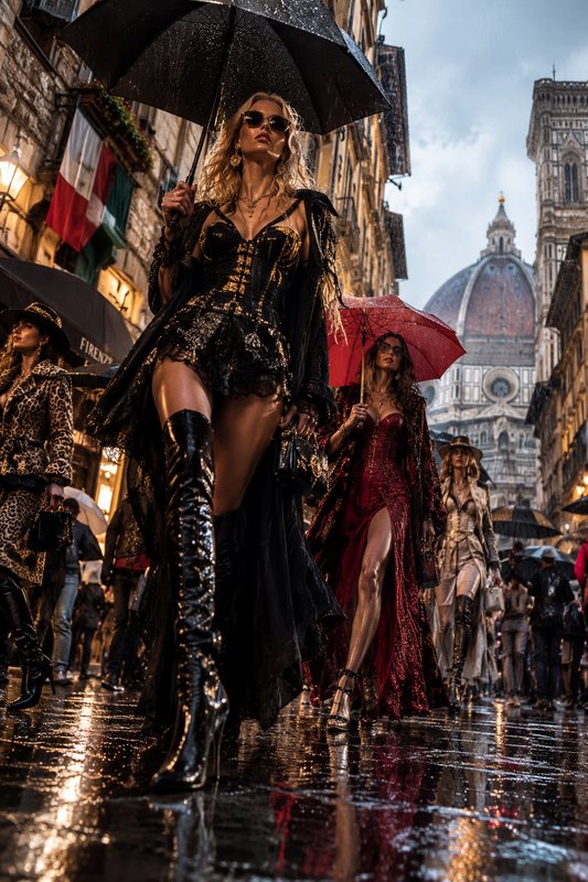 Glamorous high fashion models walk with umbrellas on a rainy Florence street near the Duomo