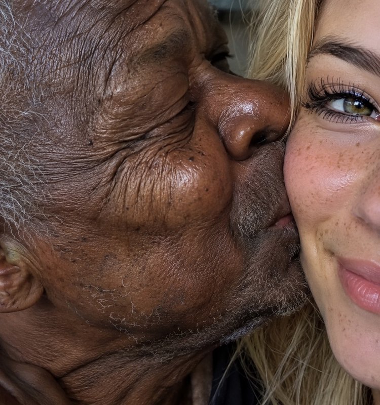 Elderly Black man gently kissing a young freckled blonde woman on the cheek in close-up portrait