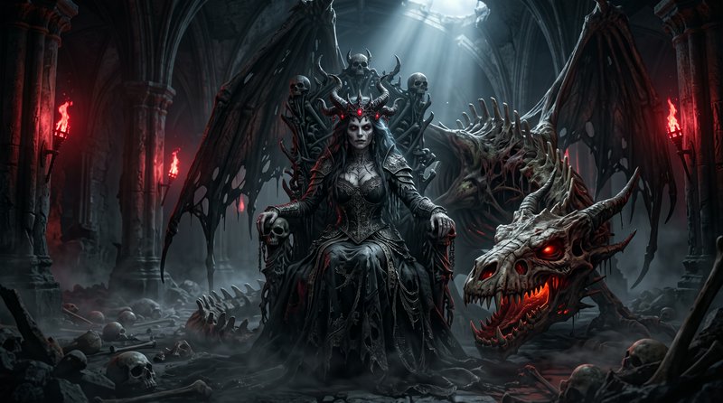 Horned undead dark queen seated on a skull throne beside a glowing skeletal dragon in a foggy gothic underworld hall