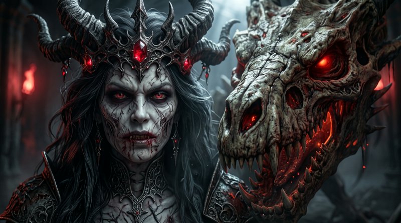 Horned undead dark queen stands beside a glowing red-eyed skeletal dragon