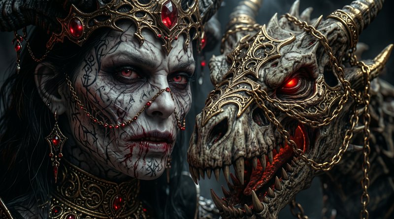 Rune-covered undead lich queen stands beside her ornate chained skeletal dragon mount