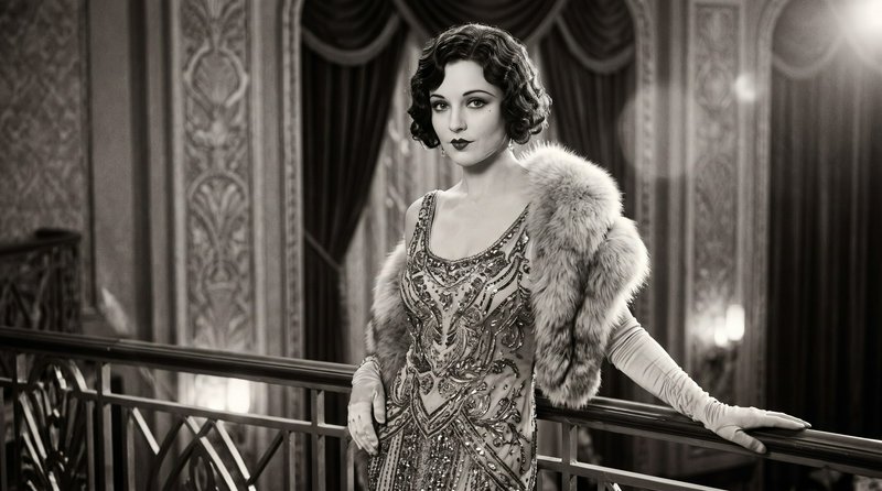 1920s flapper in a beaded evening gown and fur stole standing on a grand art deco mansion balcony