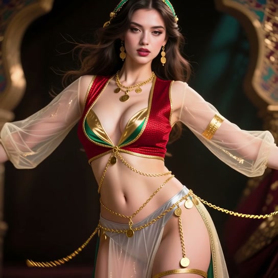 Graceful fantasy belly dancer in ornate red, green and gold costume posed in a decorated palace i...
