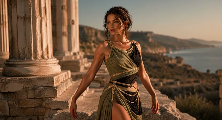 Elegant woman in ancient Greek style gown stands by marble temple columns overlooking a coastal M...