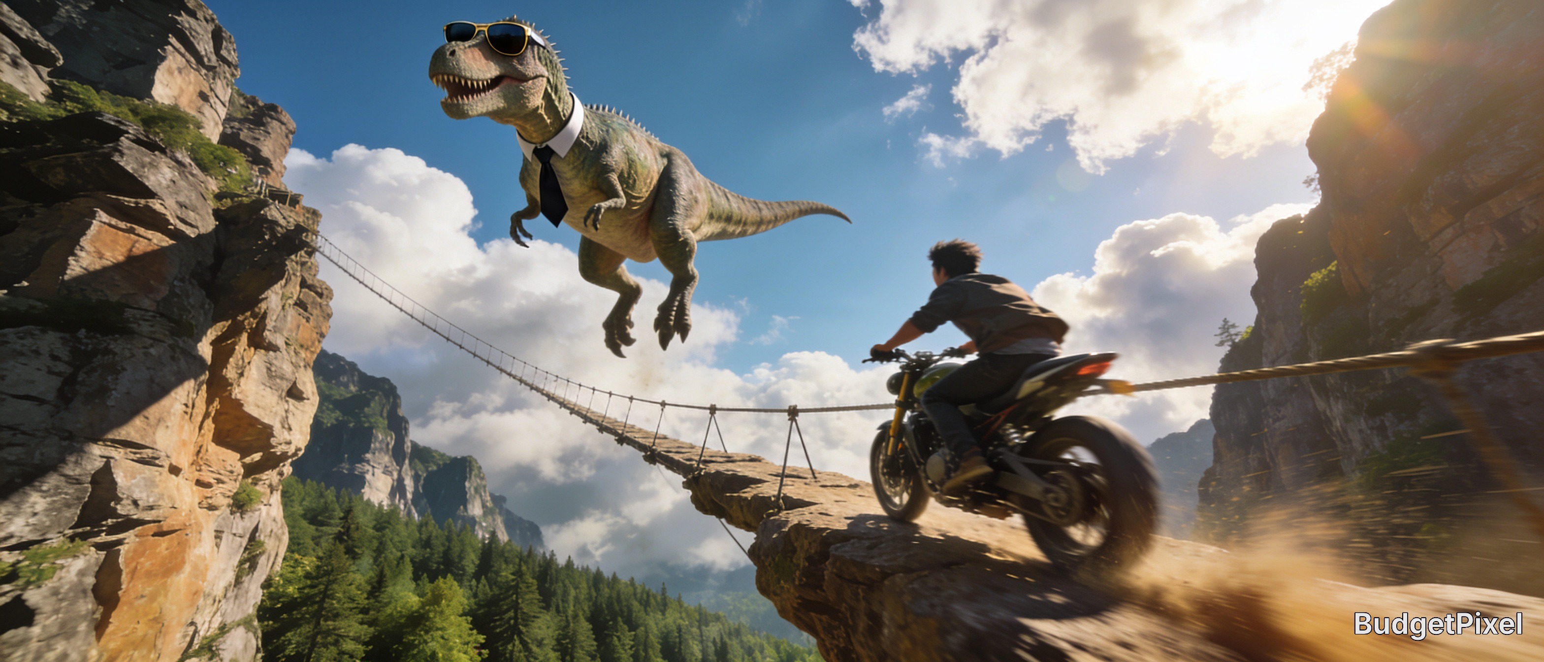 "Motorcyclist crosses cliff suspension bridge as a sunglasses-wearing T-Rex with a tie floats mid-air"