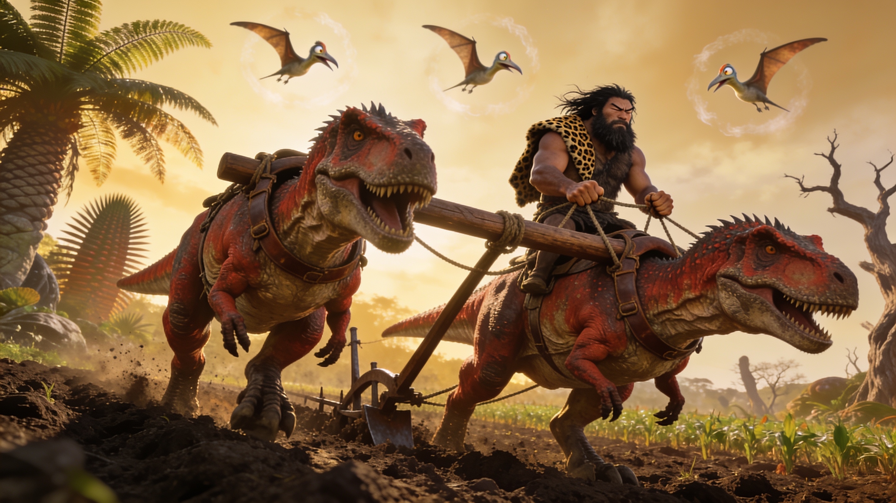 Rugged bearded caveman rides a T-Rex plowing a farm field with a second red T-Rex, pterodactyls flying above a golden preh...