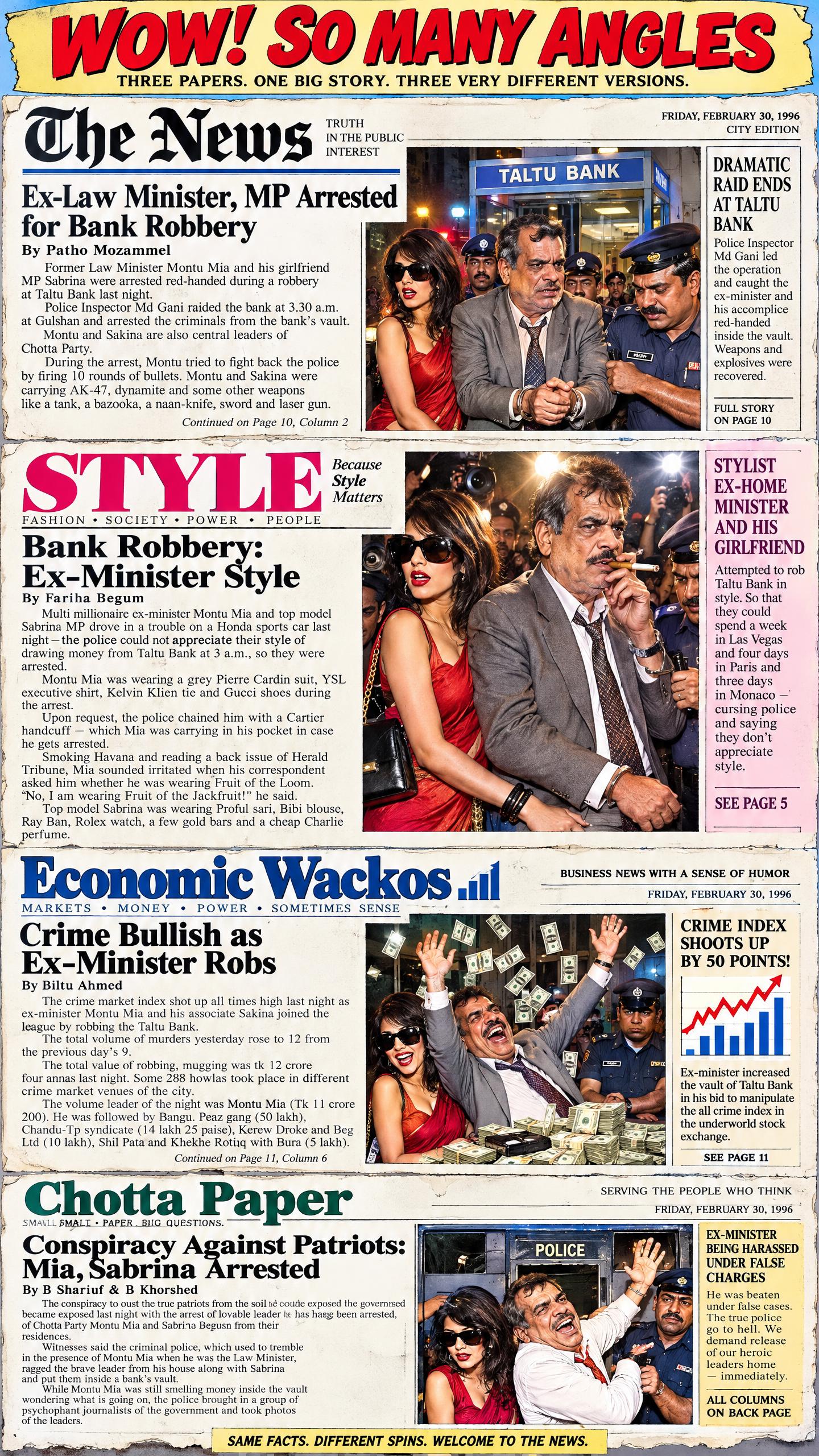 Satirical graphic showing four biased fictional newspaper front pages covering the same ex-minister bank robbery arrest