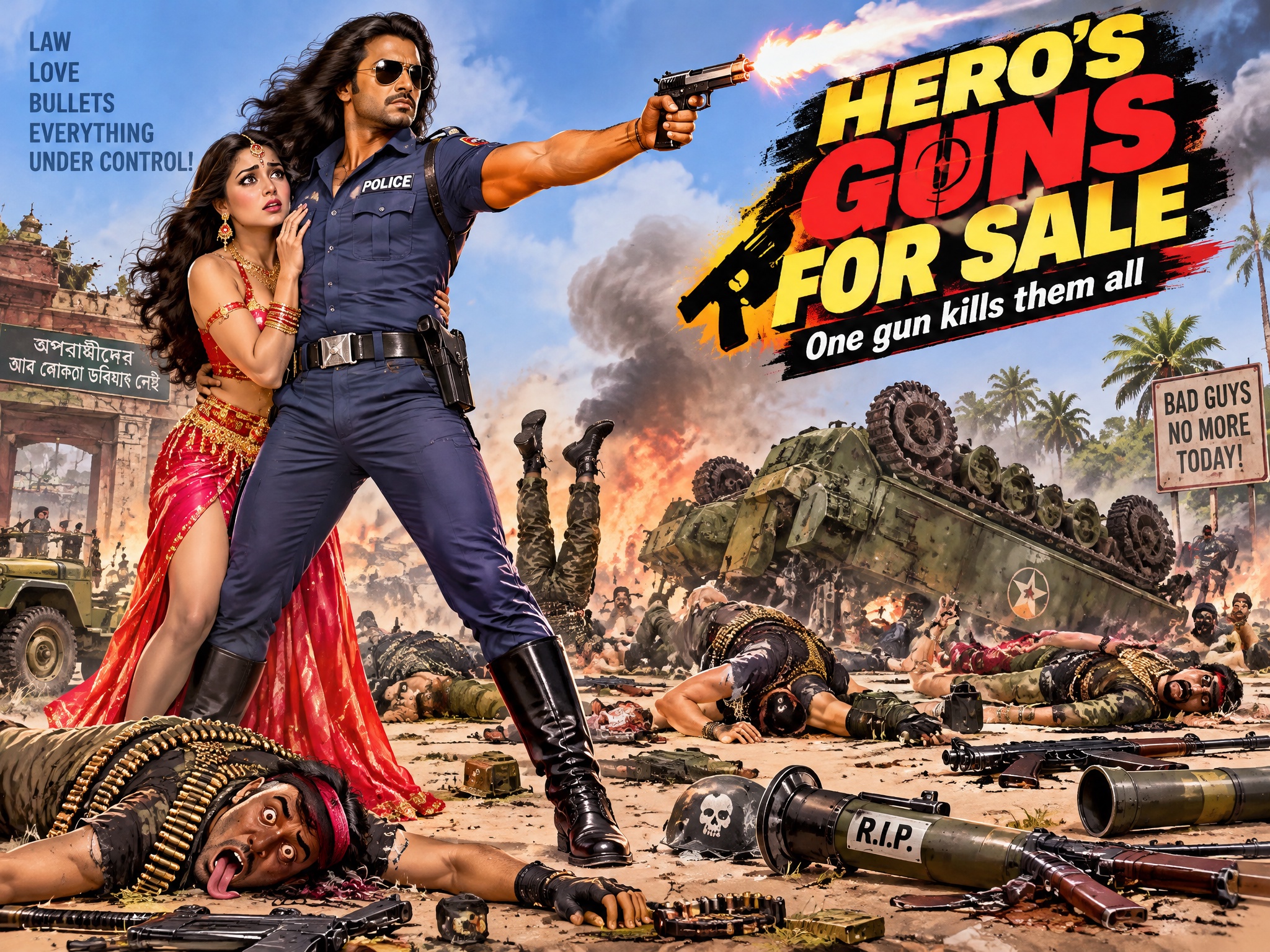 Satirical over-the-top Bollywood action poster shows a muscled police hero firing a pistol while protecting a worried woman