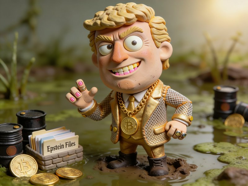 Claymation caricature of a gaudy wealthy blonde figure in a gold suit standing in a swamp beside bitcoin coins and