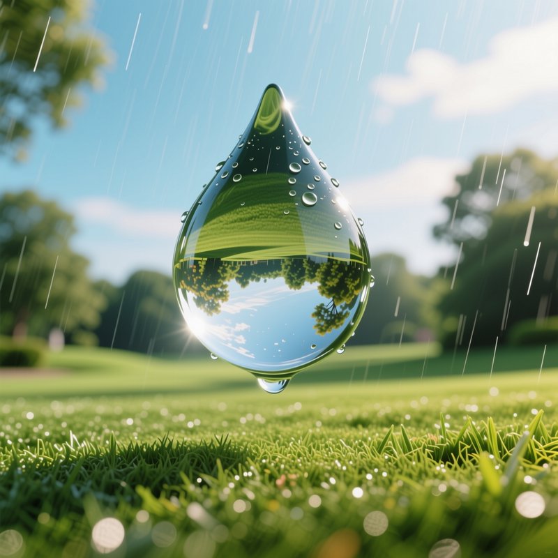 [Translucent floating raindrop reflecting a green park landscape, hovering above dewy grass during light sunny rainfall]