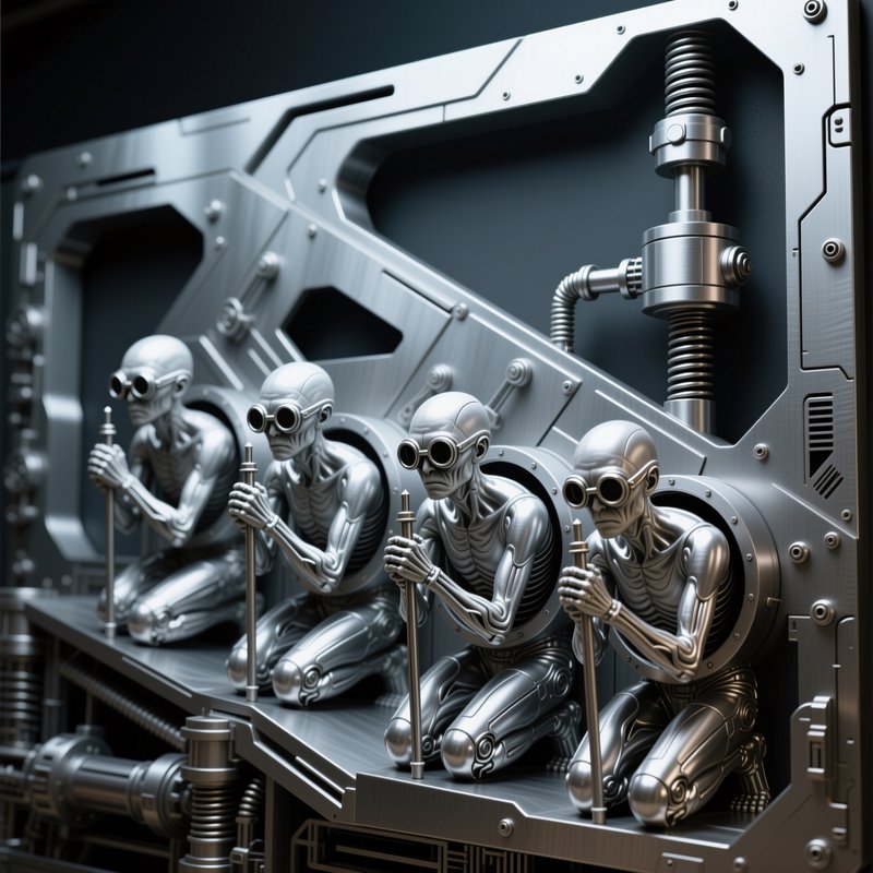 Four polished metallic goggled biomechanical humanoids kneel in a row embedded in an industrial sci-fi mechanical wall panel.