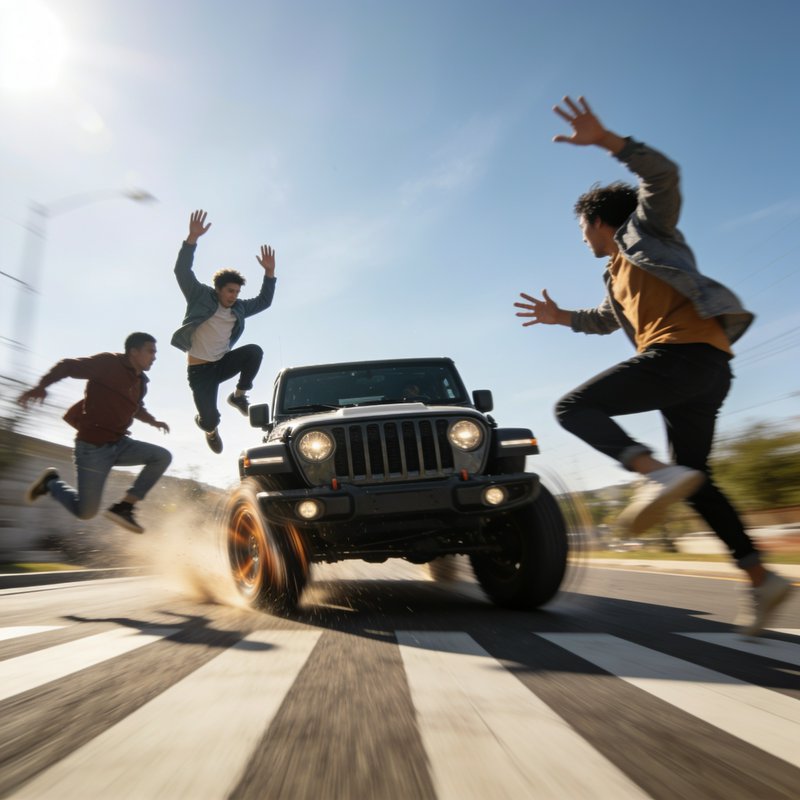 Low-angle motion blur shot of three men leaping to avoid a speeding off-road jeep on a street crosswalk
