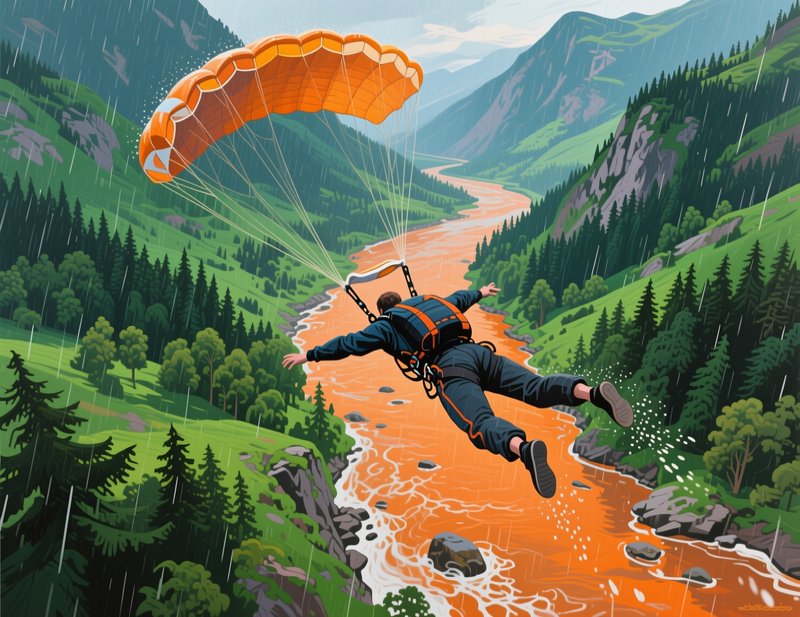 Illustrated paraglider with bright orange canopy glides over a winding forested mountain river valley in the rain