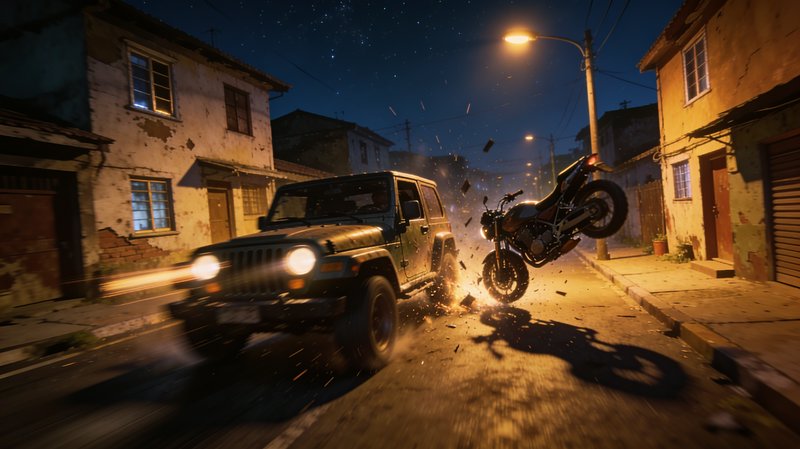 Dynamic night collision: rugged jeep strikes airborne motorcycle on run-down residential street, sparks flying under