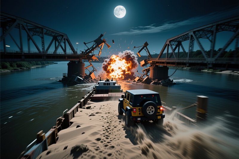 Yellow off-road jeep on river barge observes exploding collapsed steel bridge over calm river beneath bright full moon