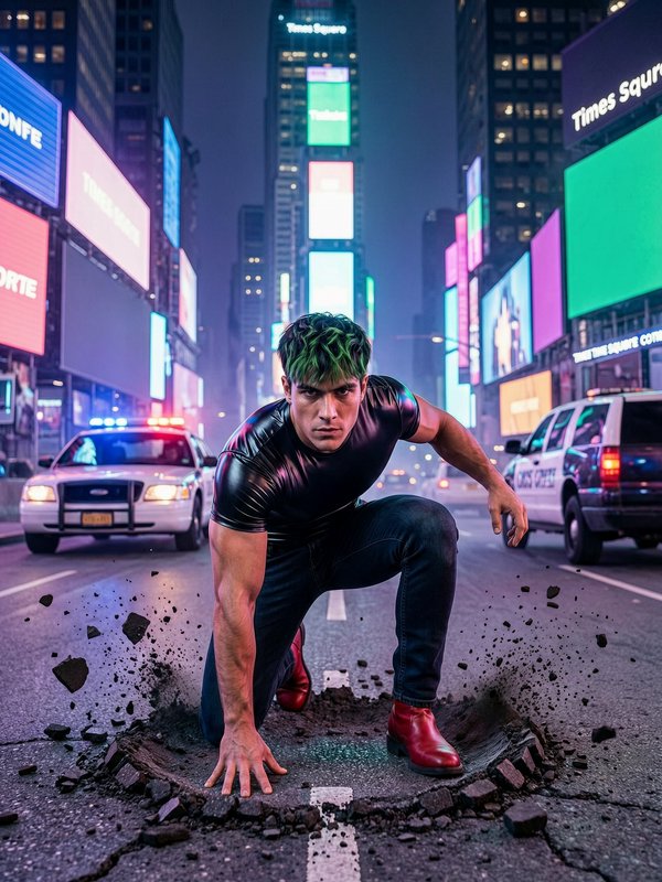 [Muscular green-haired superhero crouches on cracked Times Square street at night, police cars in the background.]