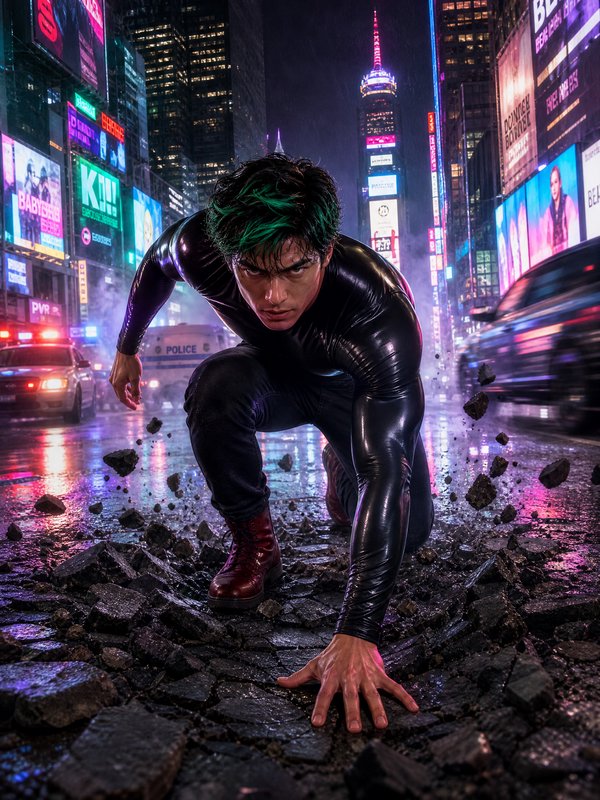 [Green-haired superhero in a black suit crouches on cracked wet city pavement in a neon-lit downtown night scene]