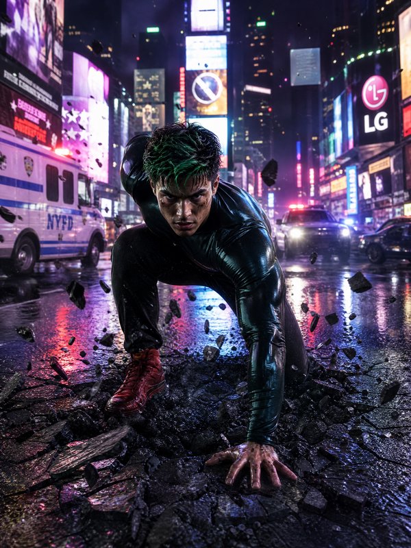 Muscular green-haired superhero crouches on shattered wet Times Square pavement, flying rubble, neon night city background