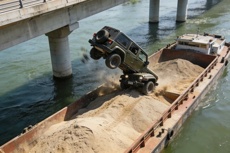 Olive green Jeep Wrangler balances precariously stacked on a second jeep atop a sand barge under a river bridge