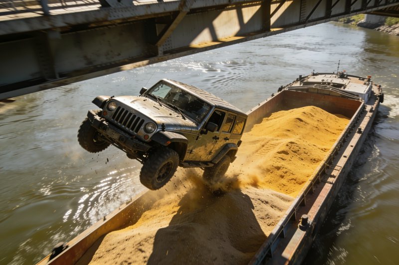 Metallic grey off-road jeep mid-jump landing on a grain cargo barge floating on a river under a steel bridge.