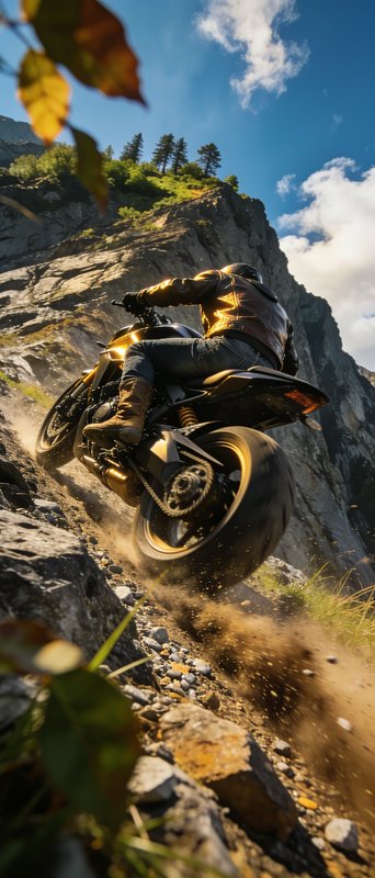 Low angle shot of a helmeted motorcyclist riding a golden motorcycle up a steep rocky mountain trail kicking up dust